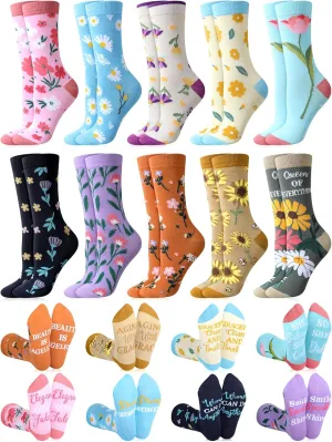 10 Pairs Floral Socks for Women Novelty Cute Plant Casual Crew Socks for Lady Birthday Holiday Teacher Gift