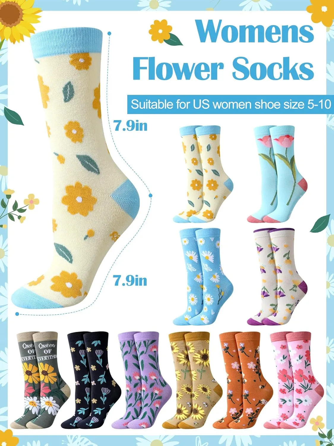 10 Pairs Floral Socks for Women Novelty Cute Plant Casual Crew Socks for Lady Birthday Holiday Teacher Gift
