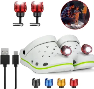 2 Pcs Rechargable Metal Red Headlights for Shoes, Outdoor Waterproof LED Flashlight, Clip on Crock Light Attachment Charm, Accessories for Camping, Cycling, Walking, 3 Light Modes, Last 72 Hour