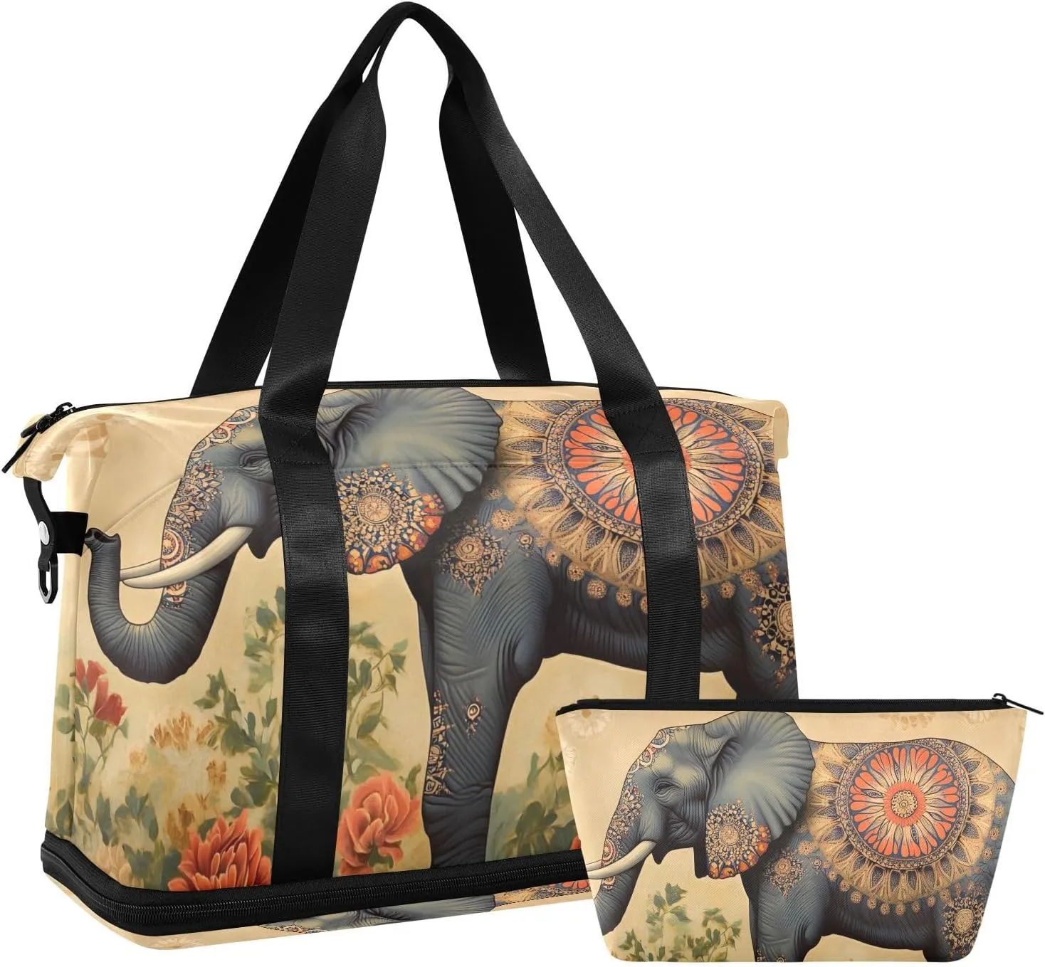 AIXIWAWA Duffel Bag Elephant with Pattern Print for Travel Gym with Shoes Compartment Large Capacity with Toiletry Bag