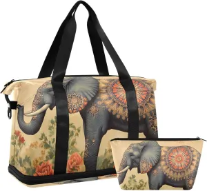 AIXIWAWA Duffel Bag Elephant with Pattern Print for Travel Gym with Shoes Compartment Large Capacity with Toiletry Bag