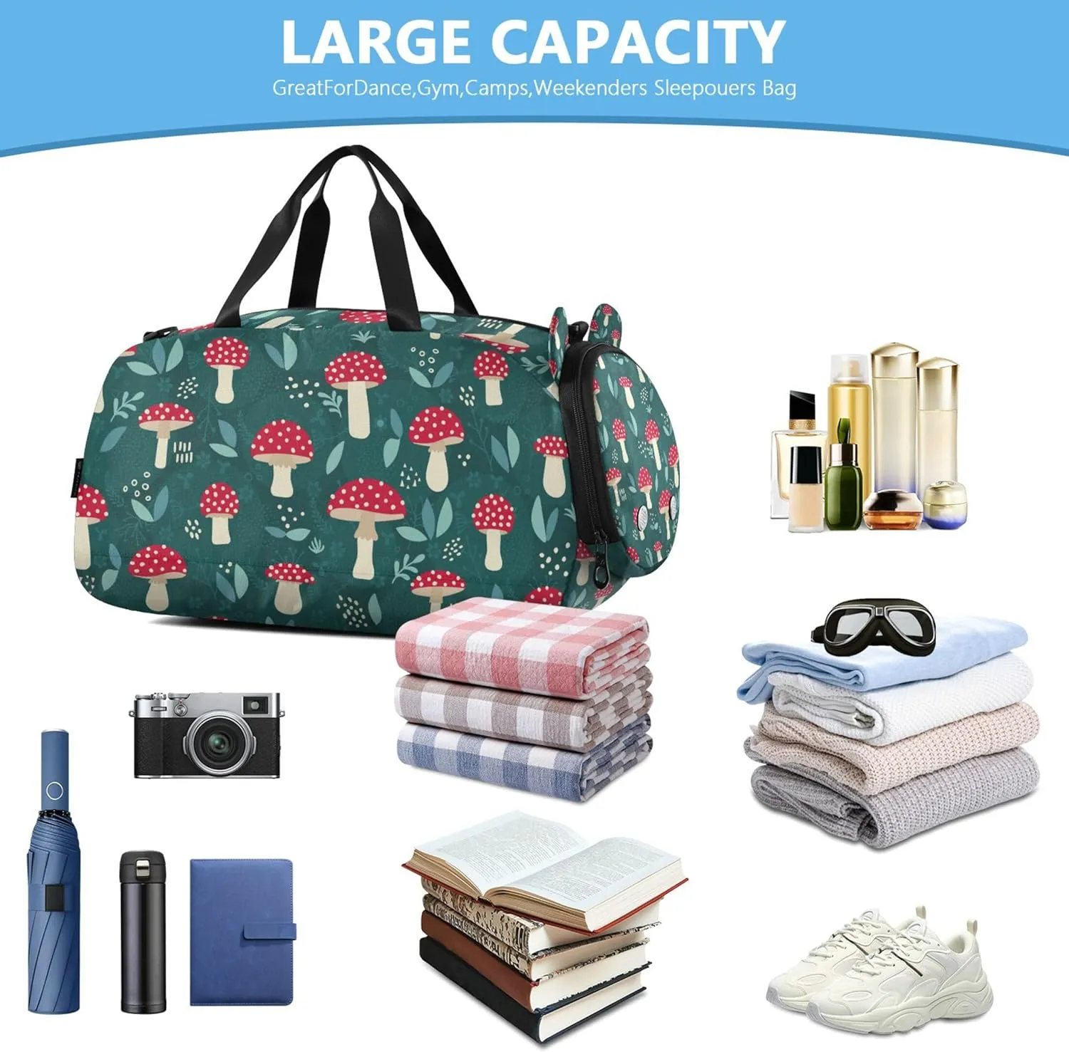 Amanita Mushroom Seamless Pattern Design Boy's Gym Duffel Bag with Shoes Compartment Multifunctional Travel Duffel for School Practice, Sports, Travel