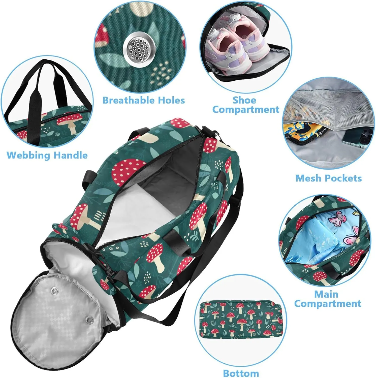 Amanita Mushroom Seamless Pattern Design Boy's Gym Duffel Bag with Shoes Compartment Multifunctional Travel Duffel for School Practice, Sports, Travel