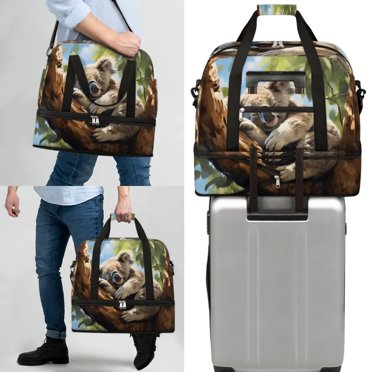 Animal Koala Print Foldable Travel Duffel Bag Overnight Weekender Bag with Shoes Compartment Sports Gym Bag for Men Women