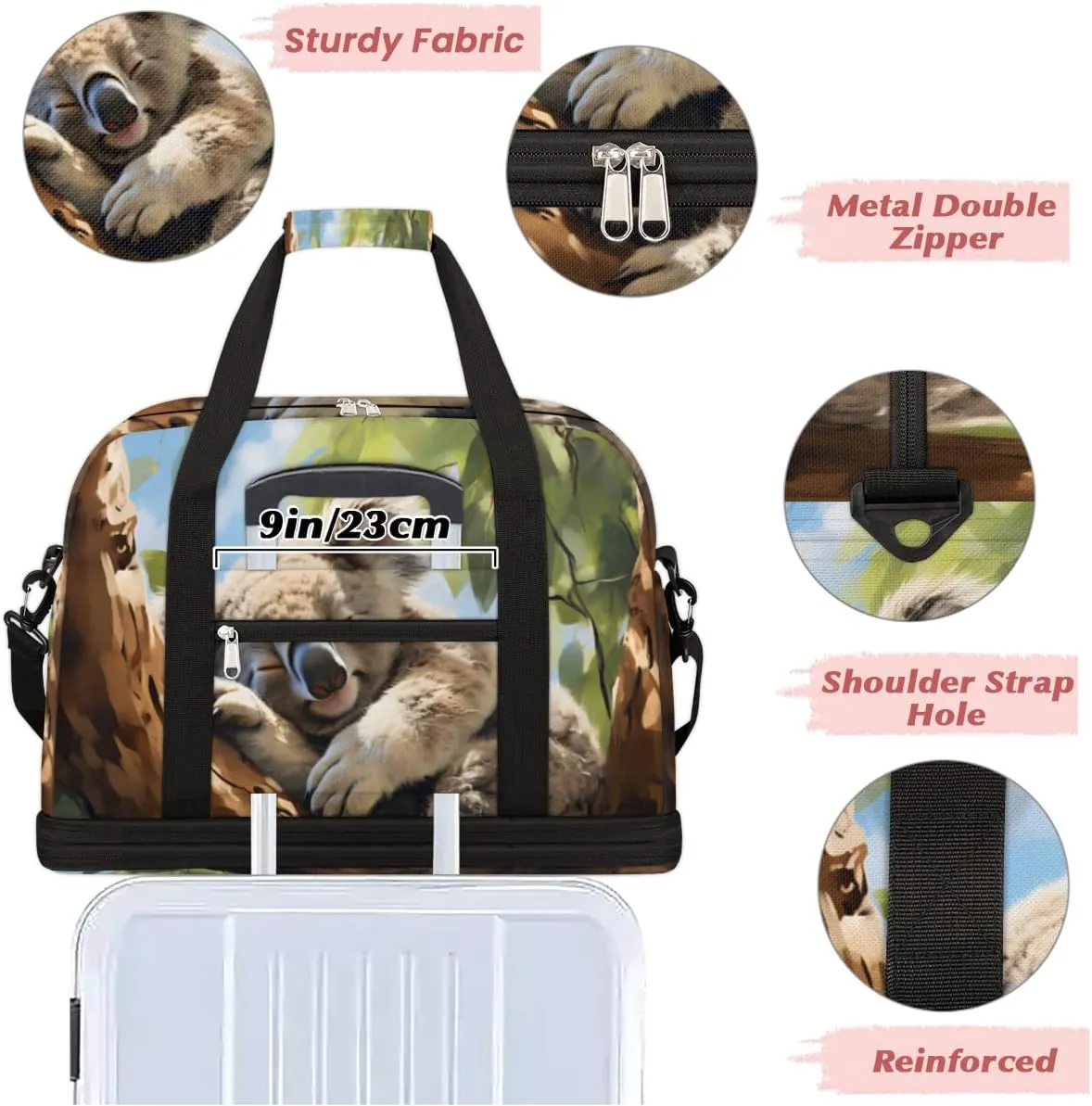 Animal Koala Print Foldable Travel Duffel Bag Overnight Weekender Bag with Shoes Compartment Sports Gym Bag for Men Women