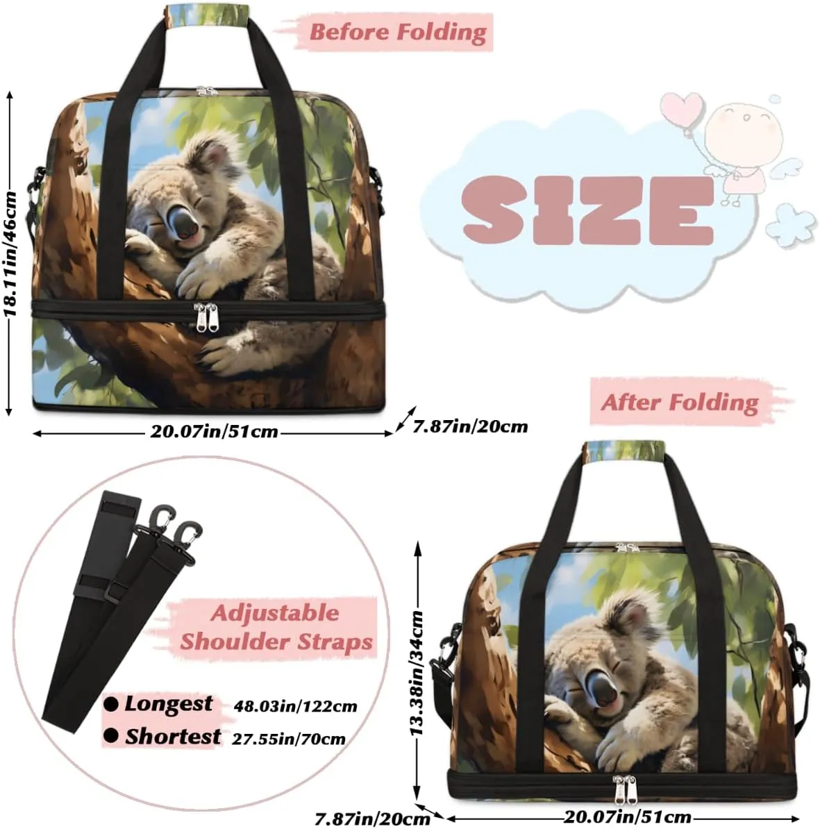 Animal Koala Print Foldable Travel Duffel Bag Overnight Weekender Bag with Shoes Compartment Sports Gym Bag for Men Women