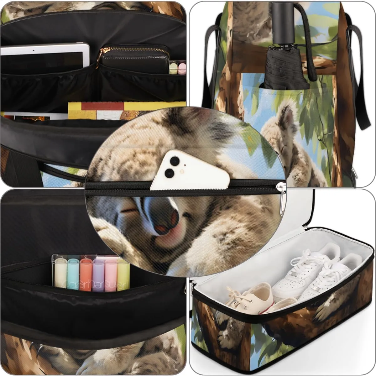 Animal Koala Print Foldable Travel Duffel Bag Overnight Weekender Bag with Shoes Compartment Sports Gym Bag for Men Women