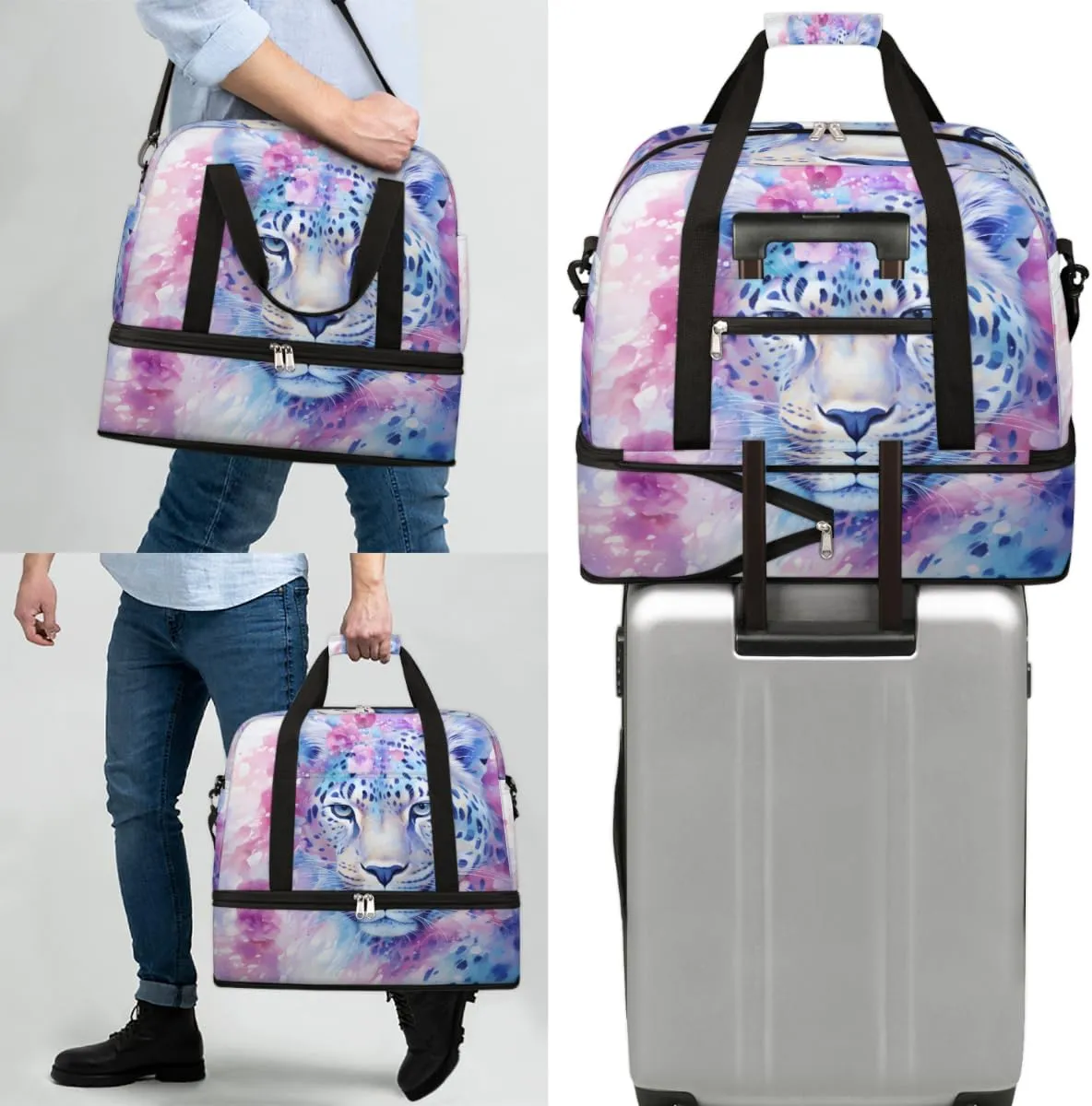 Animal Leopard Print Foldable Travel Duffel Bag Overnight Weekender Bag with Shoes Compartment Sports Gym Bag for Men Women