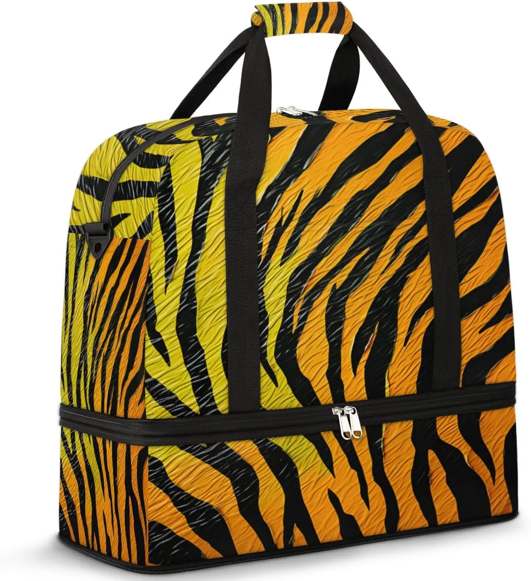 Animal Tiger Skin Foldable Travel Duffel Bag Overnight Weekender Bag with Shoes Compartment Sports Gym Bag for Men Women