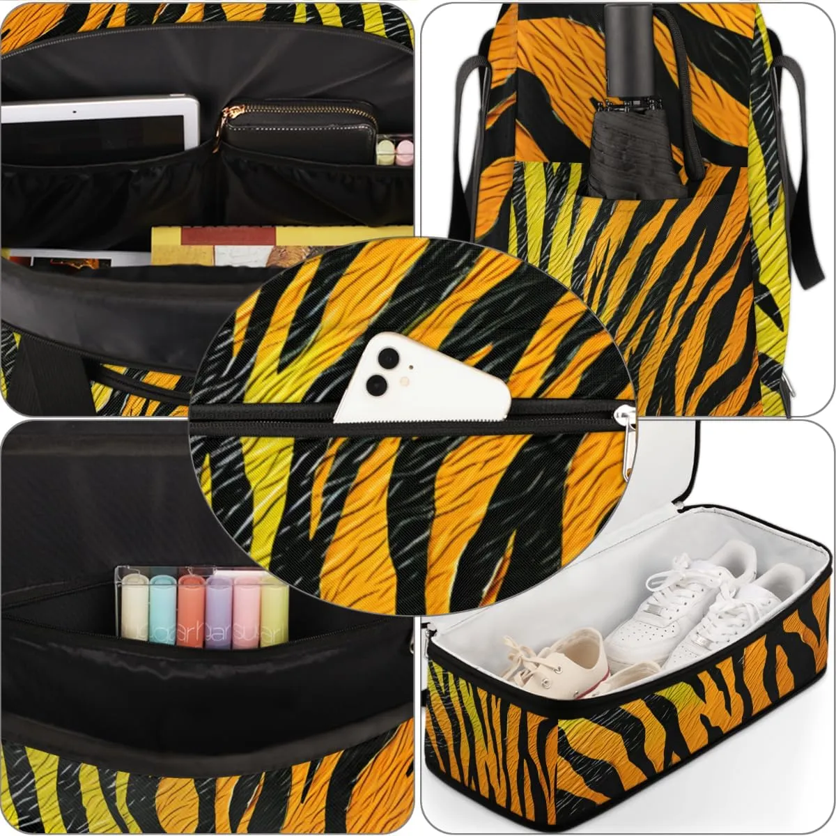 Animal Tiger Skin Foldable Travel Duffel Bag Overnight Weekender Bag with Shoes Compartment Sports Gym Bag for Men Women