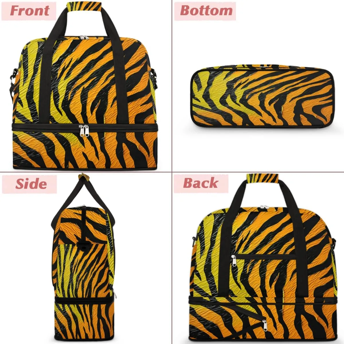 Animal Tiger Skin Foldable Travel Duffel Bag Overnight Weekender Bag with Shoes Compartment Sports Gym Bag for Men Women