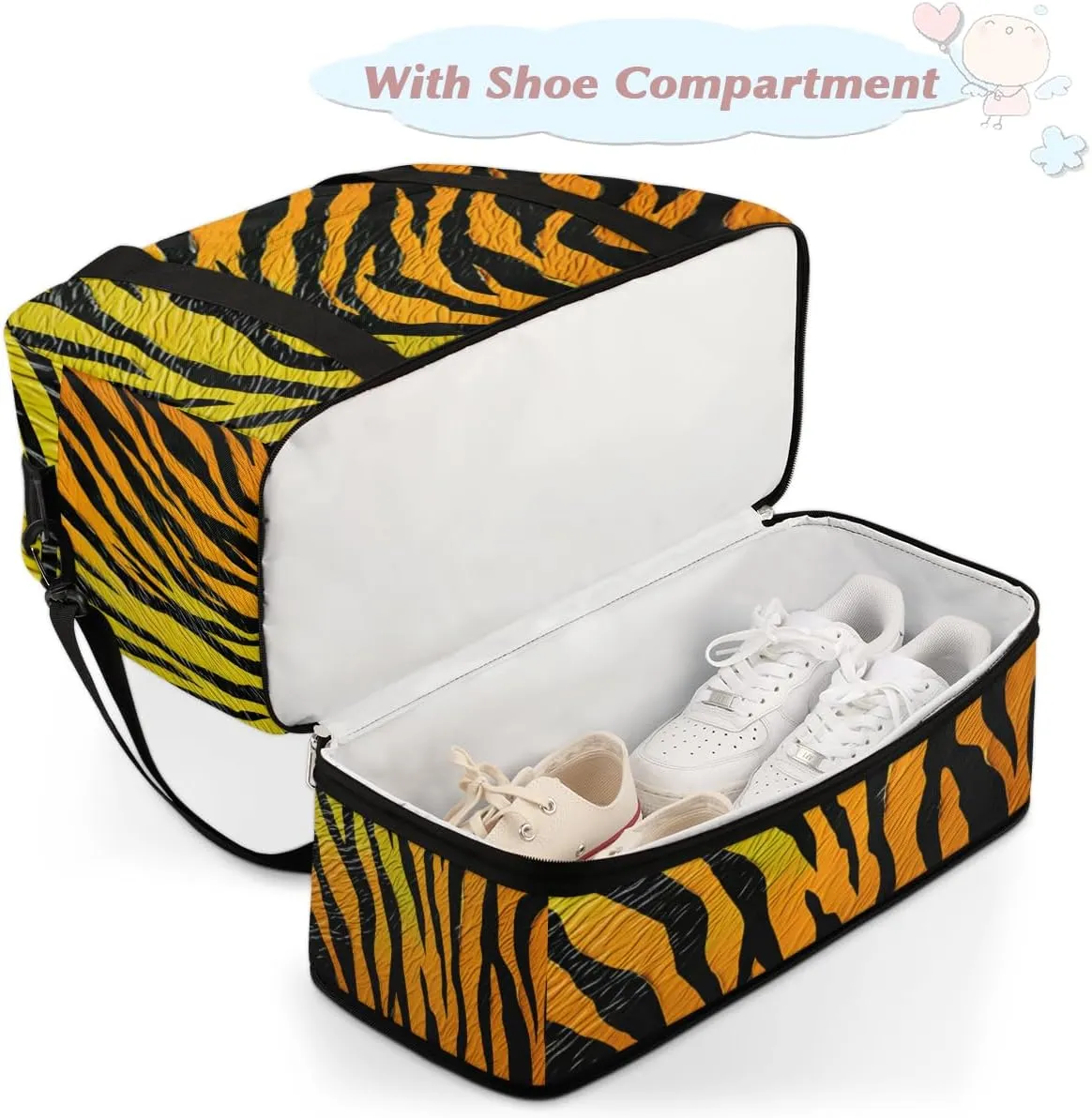 Animal Tiger Skin Foldable Travel Duffel Bag Overnight Weekender Bag with Shoes Compartment Sports Gym Bag for Men Women