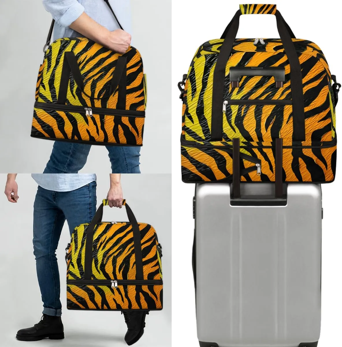 Animal Tiger Skin Foldable Travel Duffel Bag Overnight Weekender Bag with Shoes Compartment Sports Gym Bag for Men Women