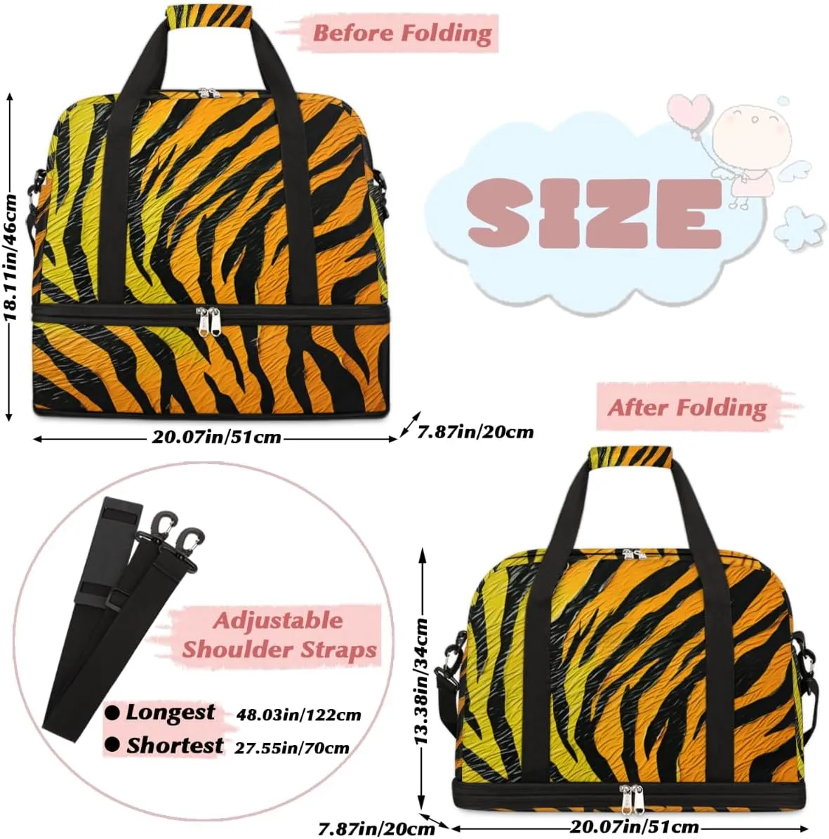 Animal Tiger Skin Foldable Travel Duffel Bag Overnight Weekender Bag with Shoes Compartment Sports Gym Bag for Men Women