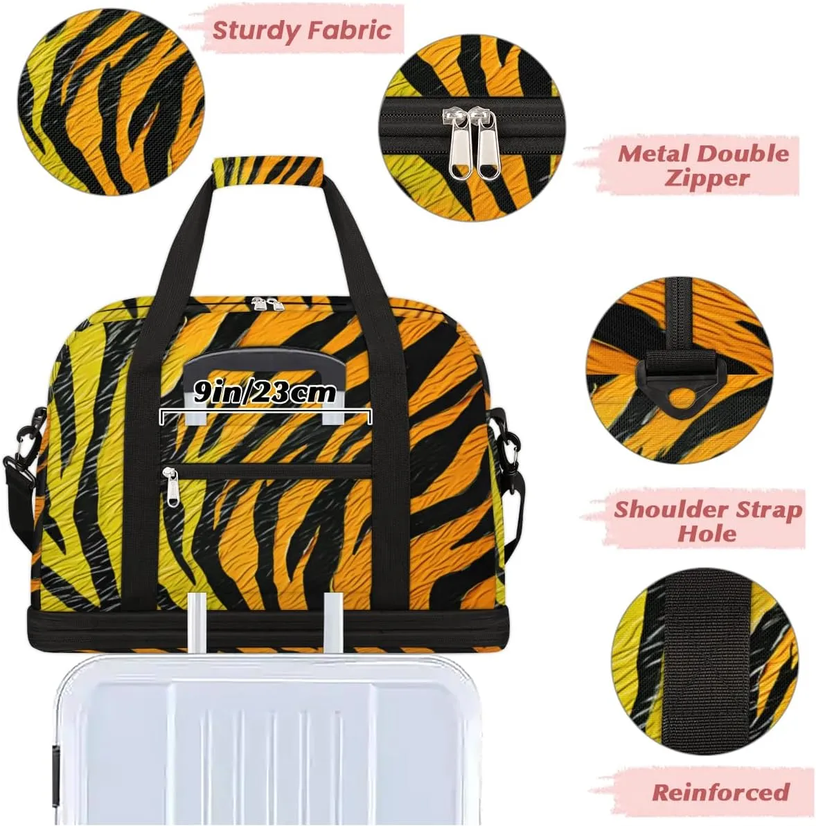 Animal Tiger Skin Foldable Travel Duffel Bag Overnight Weekender Bag with Shoes Compartment Sports Gym Bag for Men Women