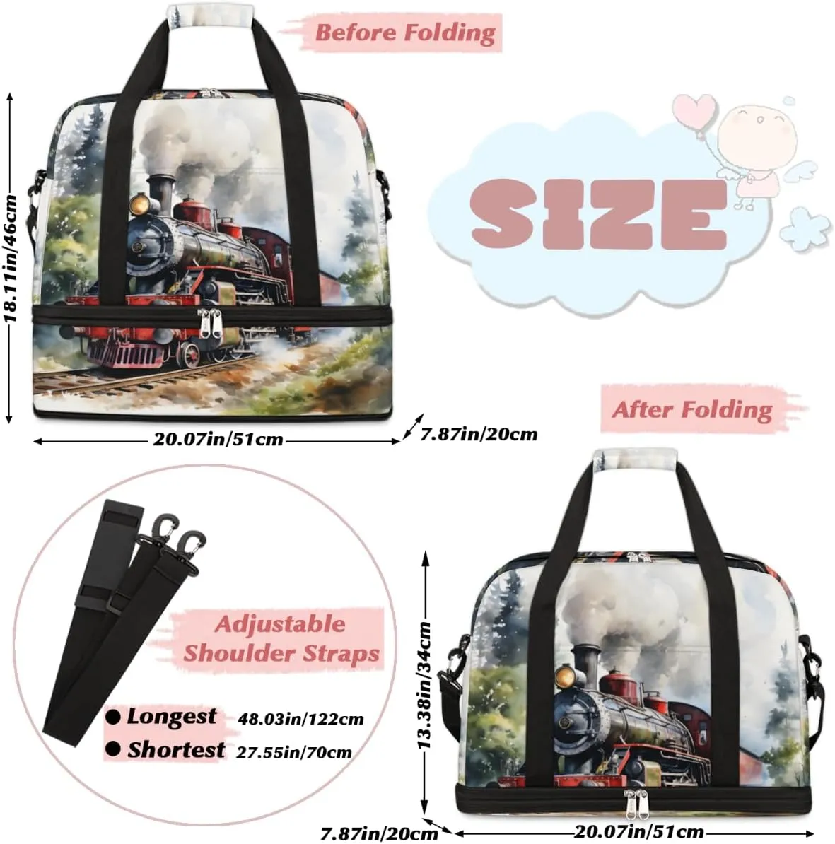 Antique Northern Express Train Foldable Travel Duffel Bag Overnight Weekender Bag with Shoes Compartment Sports Gym Bag for Men Women
