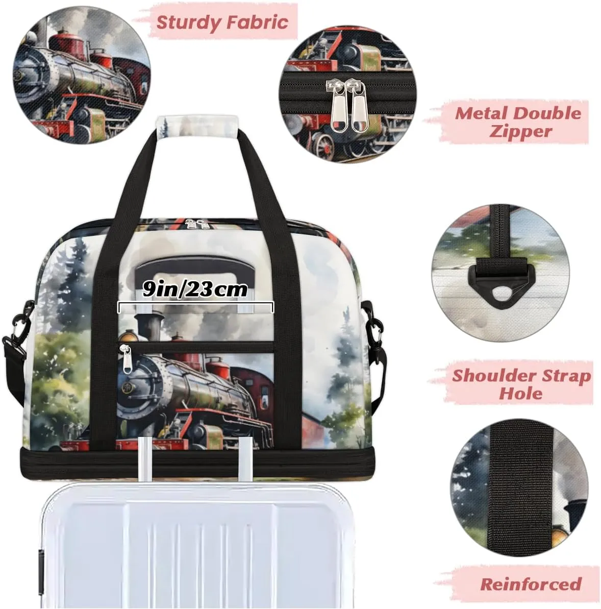 Antique Northern Express Train Foldable Travel Duffel Bag Overnight Weekender Bag with Shoes Compartment Sports Gym Bag for Men Women