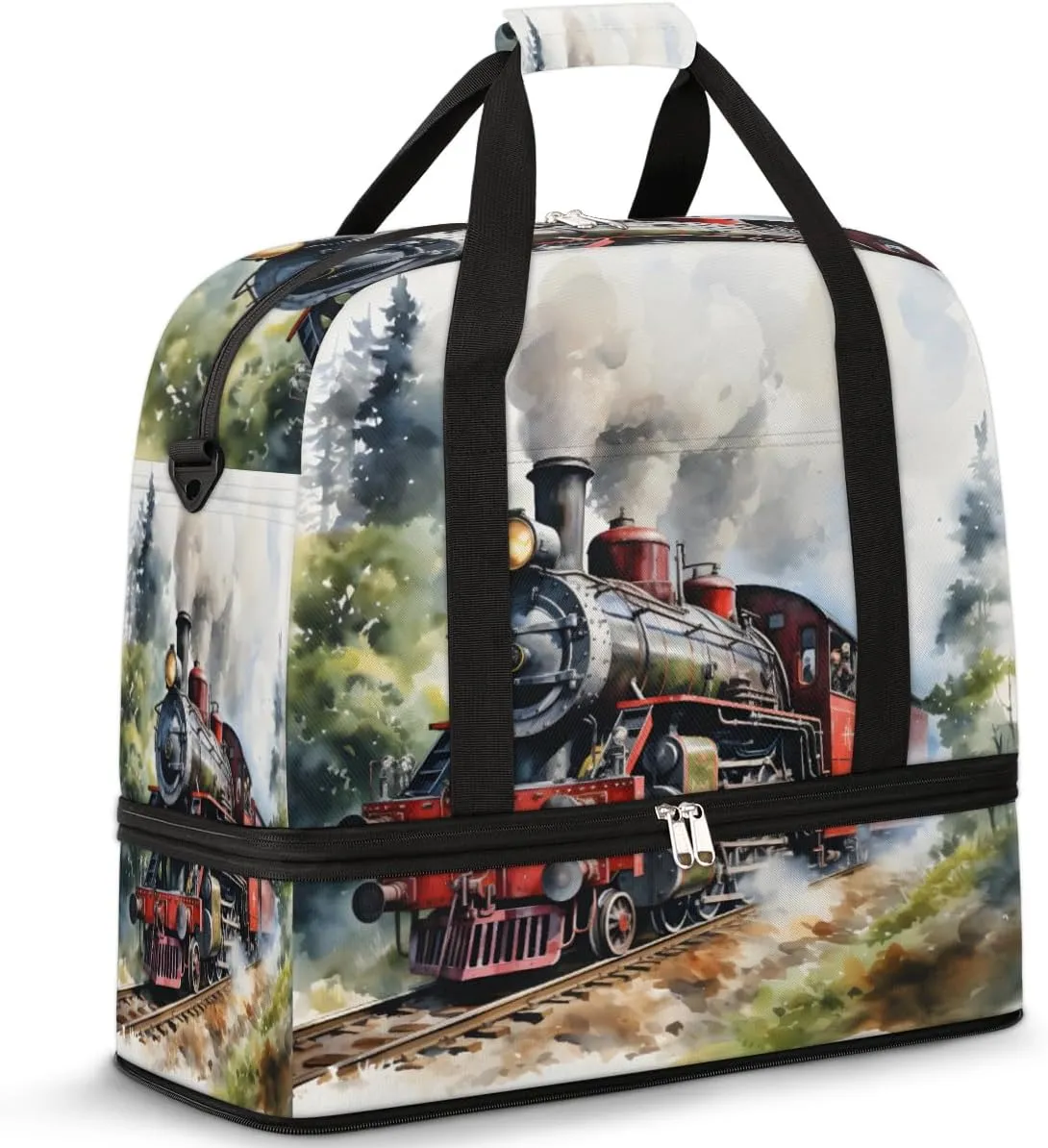 Antique Northern Express Train Foldable Travel Duffel Bag Overnight Weekender Bag with Shoes Compartment Sports Gym Bag for Men Women