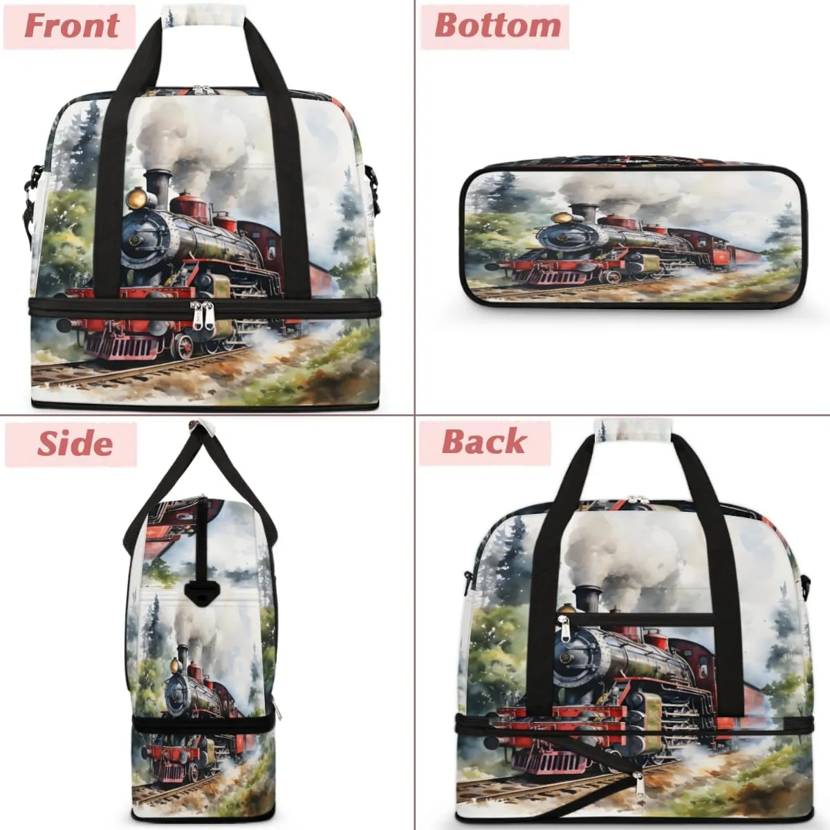 Antique Northern Express Train Foldable Travel Duffel Bag Overnight Weekender Bag with Shoes Compartment Sports Gym Bag for Men Women