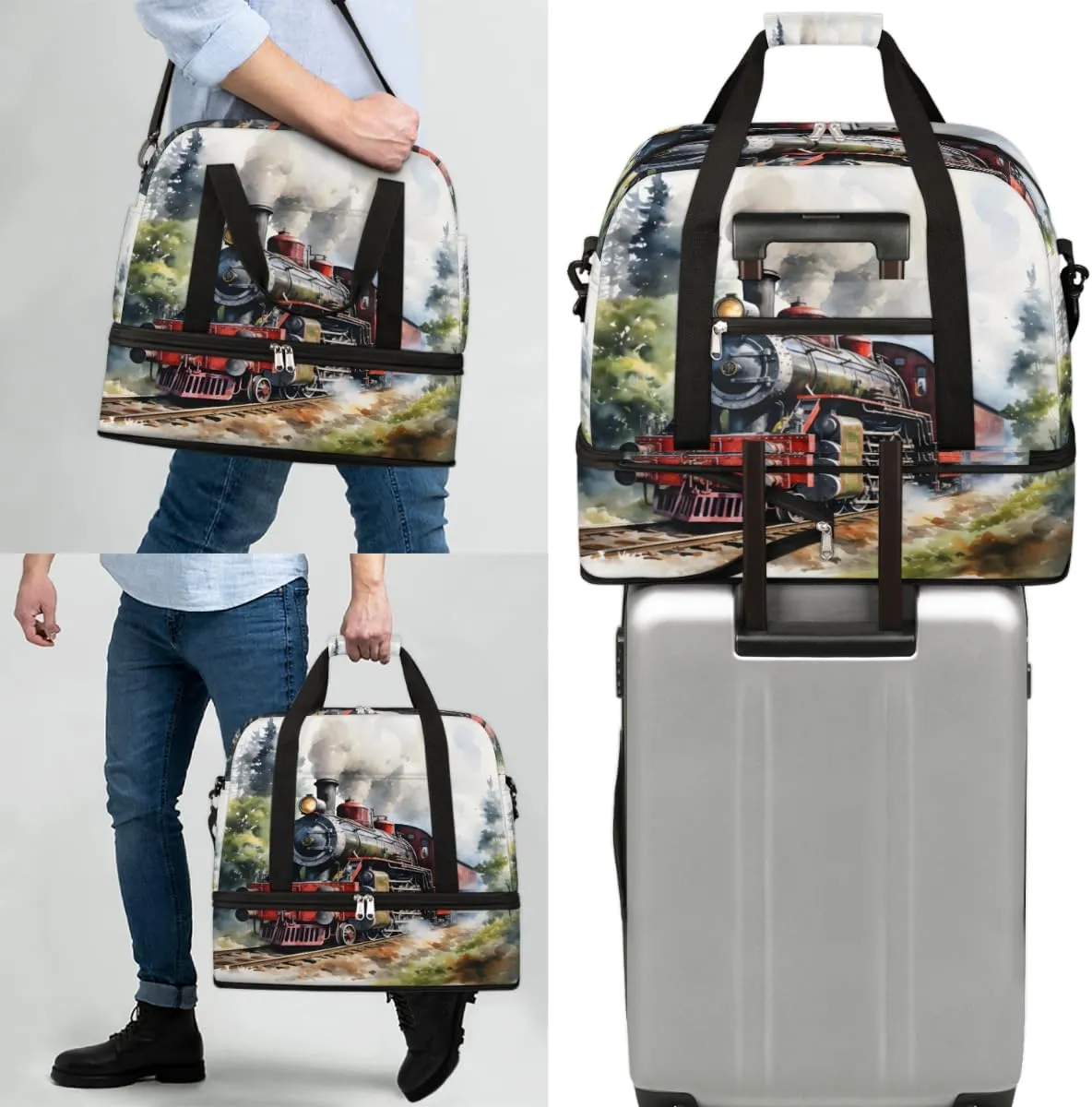 Antique Northern Express Train Foldable Travel Duffel Bag Overnight Weekender Bag with Shoes Compartment Sports Gym Bag for Men Women