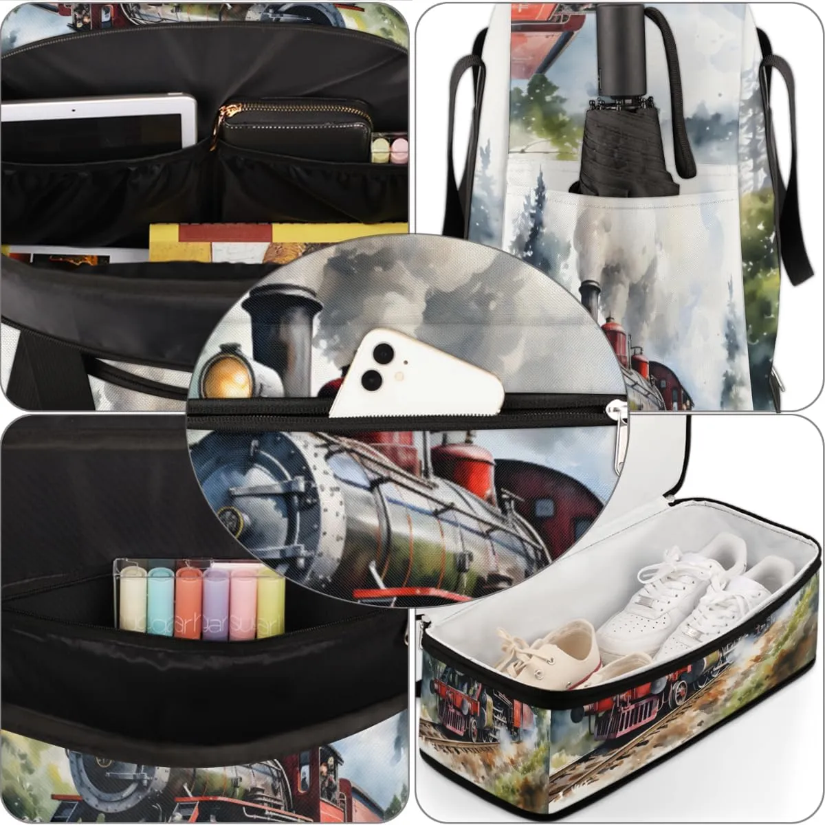 Antique Northern Express Train Foldable Travel Duffel Bag Overnight Weekender Bag with Shoes Compartment Sports Gym Bag for Men Women