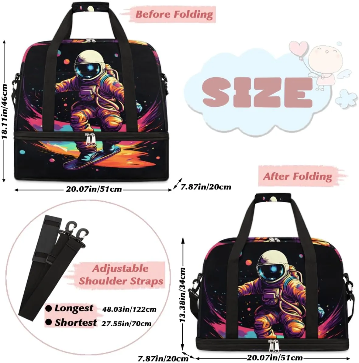 Astronaut Starry Sky Foldable Travel Duffel Bag Overnight Weekender Bag with Shoes Compartment Sports Gym Bag for Men Women