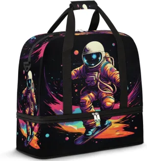 Astronaut Starry Sky Foldable Travel Duffel Bag Overnight Weekender Bag with Shoes Compartment Sports Gym Bag for Men Women