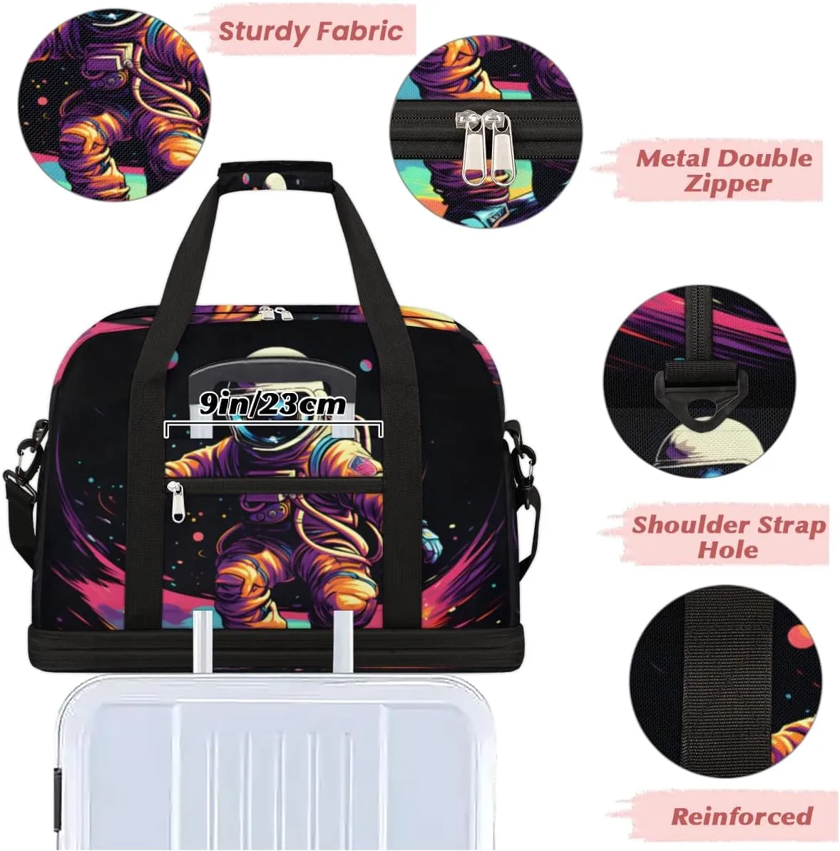 Astronaut Starry Sky Foldable Travel Duffel Bag Overnight Weekender Bag with Shoes Compartment Sports Gym Bag for Men Women