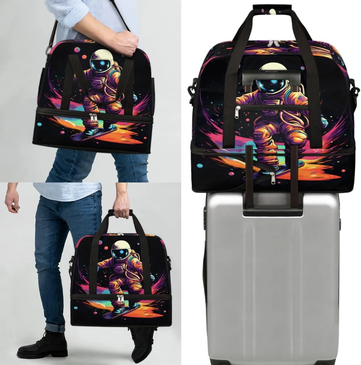 Astronaut Starry Sky Foldable Travel Duffel Bag Overnight Weekender Bag with Shoes Compartment Sports Gym Bag for Men Women
