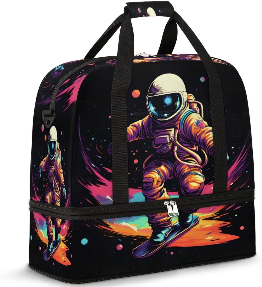 Astronaut Starry Sky Foldable Travel Duffel Bag Overnight Weekender Bag with Shoes Compartment Sports Gym Bag for Men Women