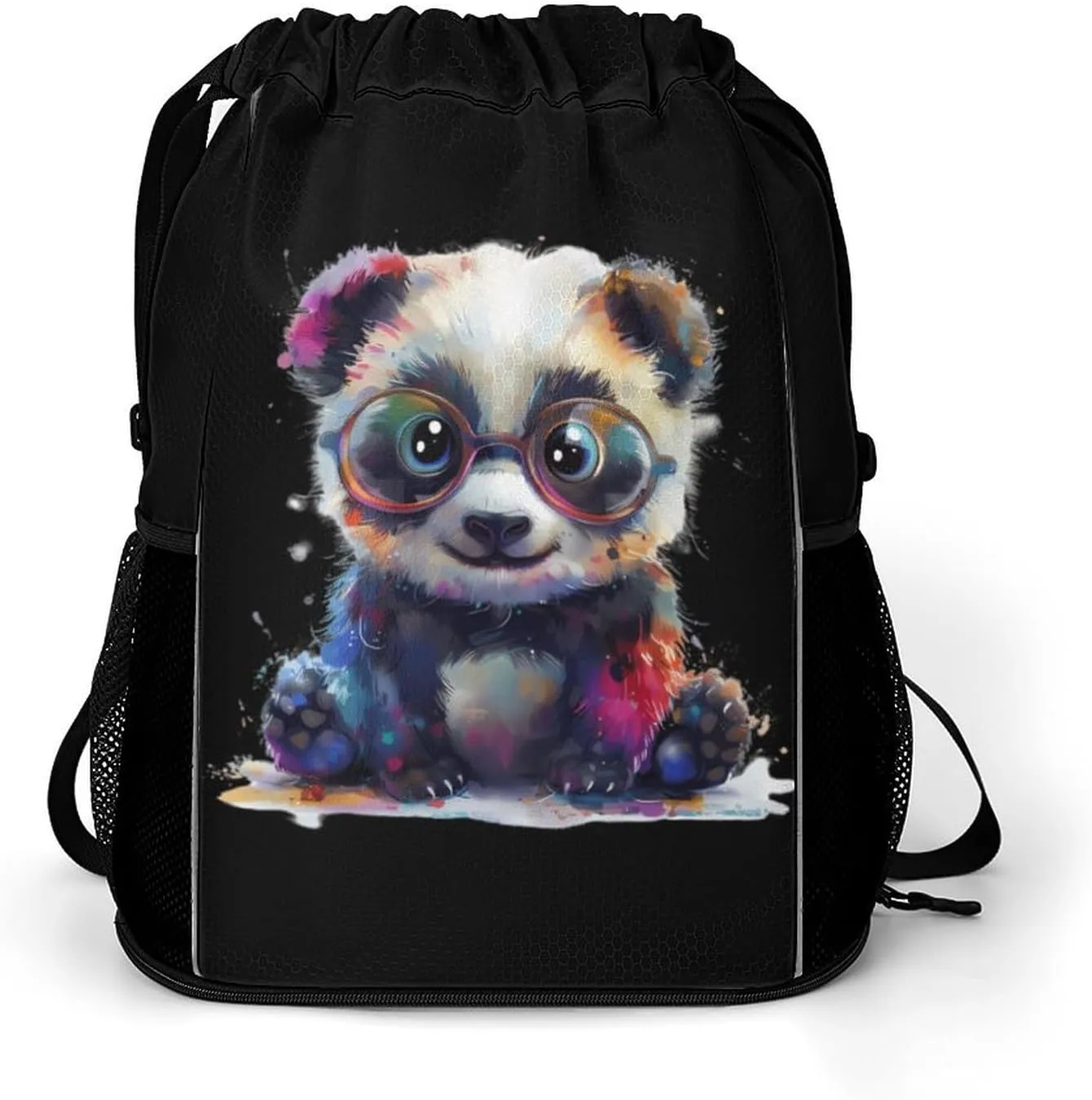 Big Eyes Cute Panda with Rainbow Colored Drawstring Backpack String Bag Sports Gym Sackpack with Side Pocket Shoes Compartment
