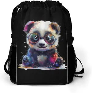 Big Eyes Cute Panda with Rainbow Colored Drawstring Backpack String Bag Sports Gym Sackpack with Side Pocket Shoes Compartment