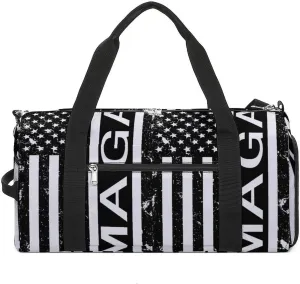Black American Flag MAGA Travel Duffel Bag Sport Gym Tote Bag Lightweight with Shoes Compartment for Men Women