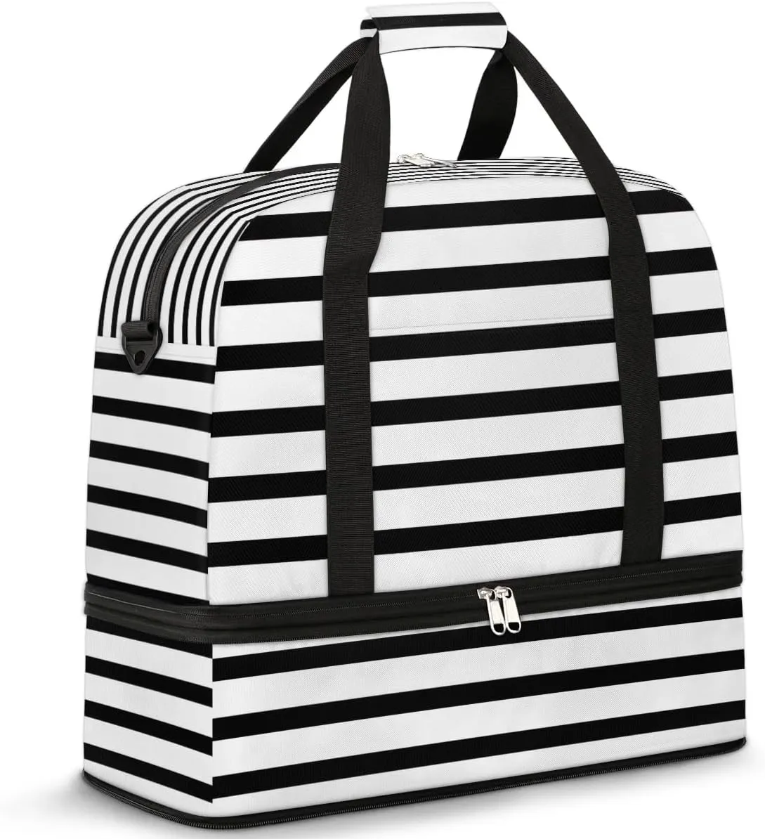 Black And White Striped Foldable Travel Duffel Bag Overnight Weekender Bags with Shoes Compartment Sports Gym Bags for Men Women