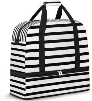 Black And White Striped Foldable Travel Duffel Bag Overnight Weekender Bags with Shoes Compartment Sports Gym Bags for Men Women