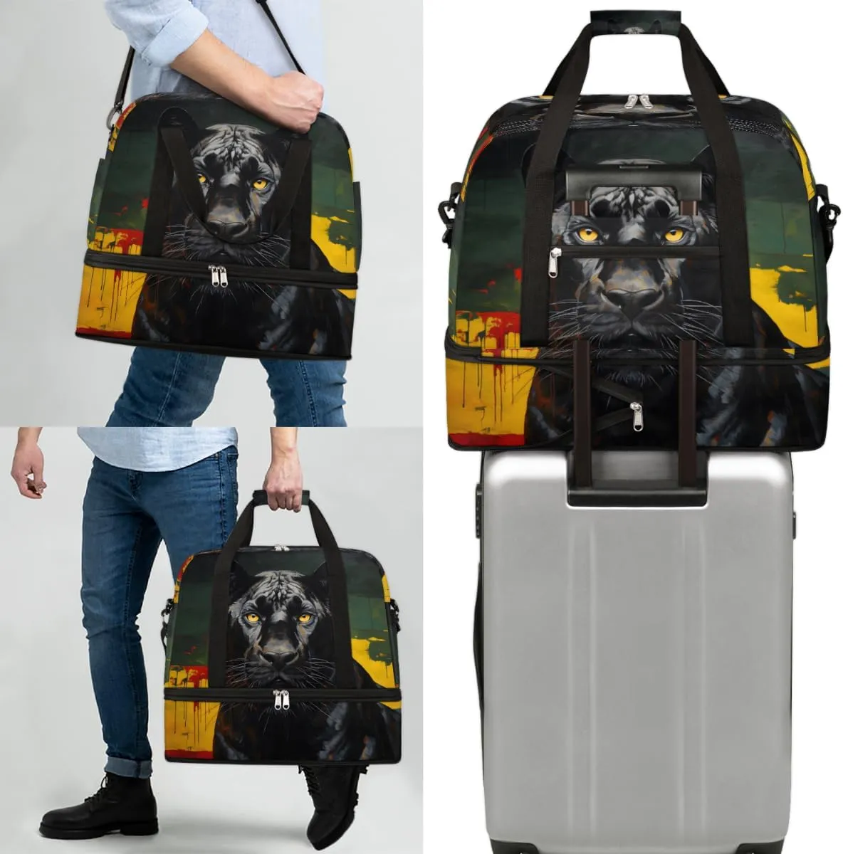 Black Leopard Foldable Travel Duffel Bag Overnight Weekender Bag with Shoes Compartment Sports Gym Bag for Men Women