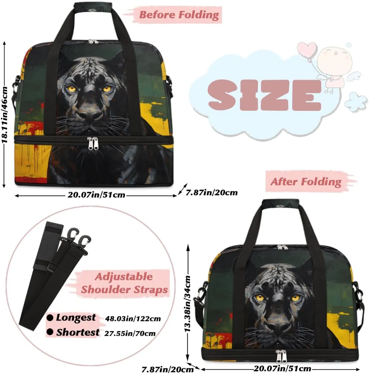 Black Leopard Foldable Travel Duffel Bag Overnight Weekender Bag with Shoes Compartment Sports Gym Bag for Men Women