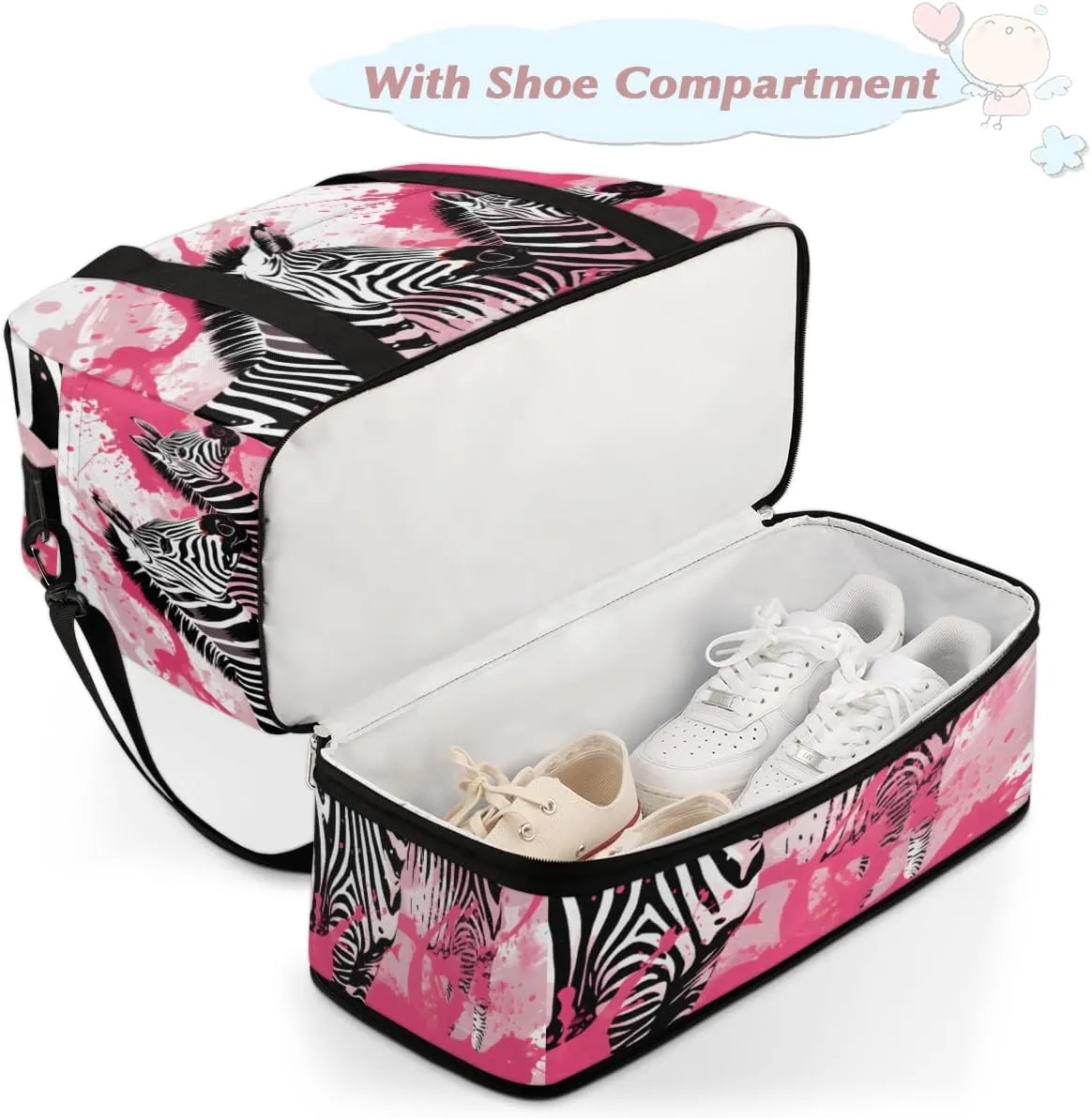 Black White Zebra Print Foldable Travel Duffel Bag Overnight Weekender Bag with Shoes Compartment Sports Gym Bag for Men Women