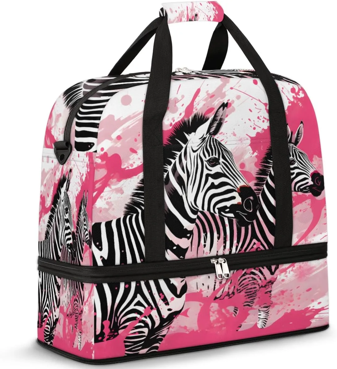 Black White Zebra Print Foldable Travel Duffel Bag Overnight Weekender Bag with Shoes Compartment Sports Gym Bag for Men Women