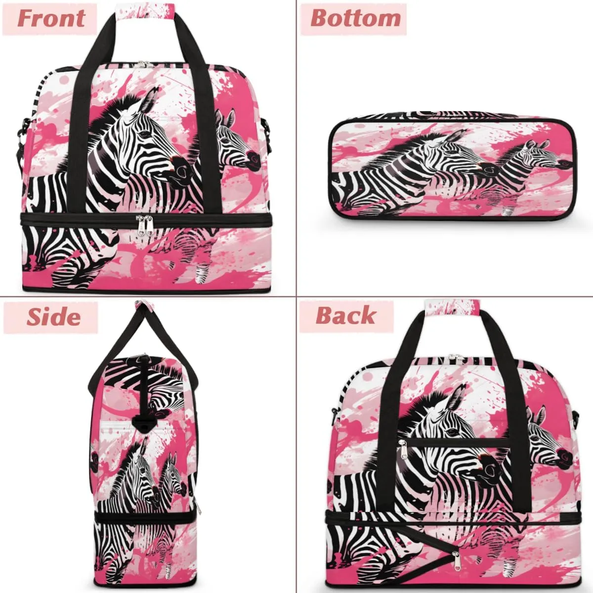 Black White Zebra Print Foldable Travel Duffel Bag Overnight Weekender Bag with Shoes Compartment Sports Gym Bag for Men Women