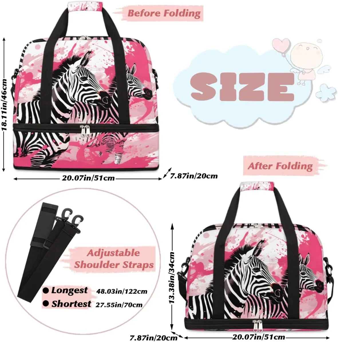 Black White Zebra Print Foldable Travel Duffel Bag Overnight Weekender Bag with Shoes Compartment Sports Gym Bag for Men Women