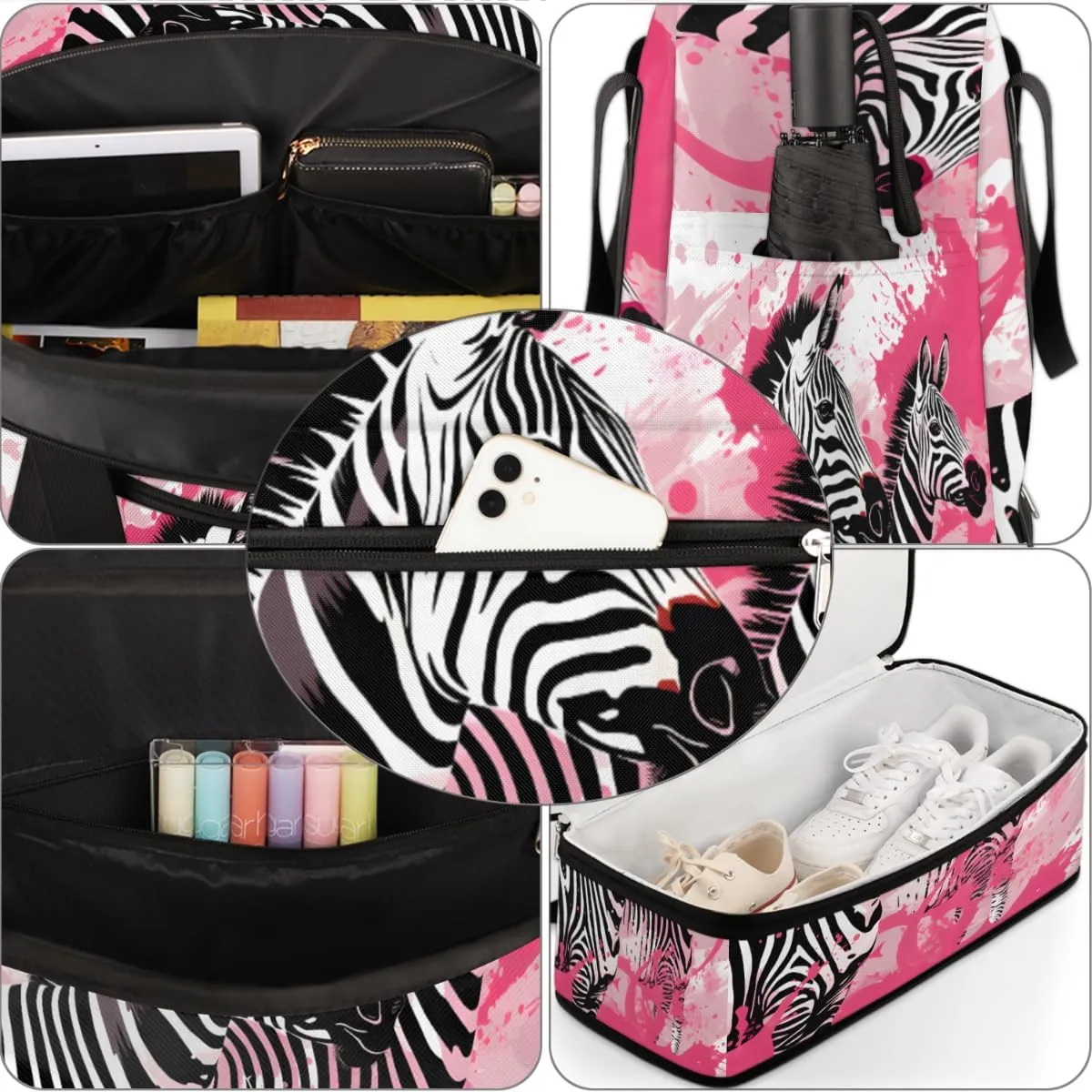 Black White Zebra Print Foldable Travel Duffel Bag Overnight Weekender Bag with Shoes Compartment Sports Gym Bag for Men Women