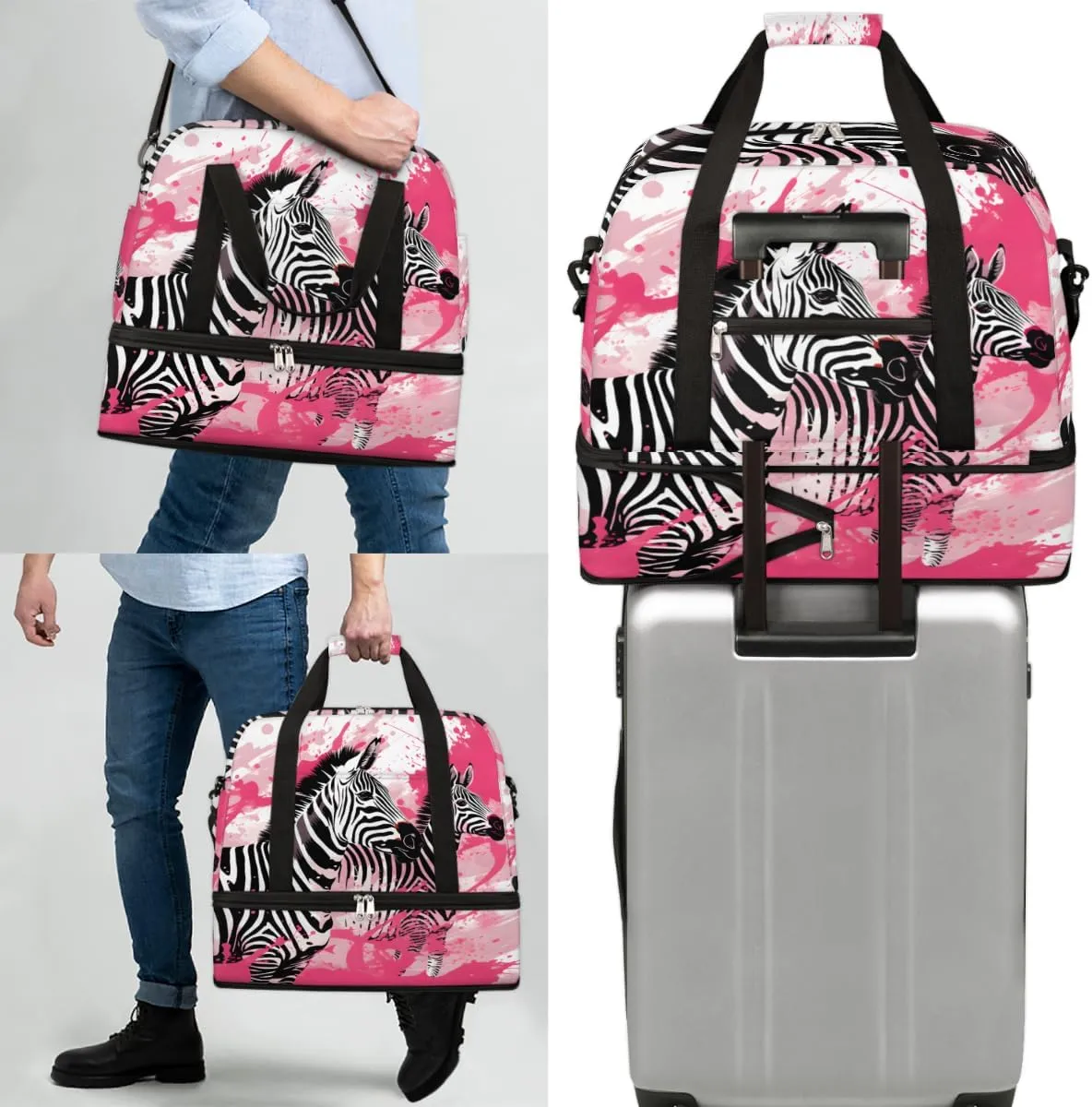 Black White Zebra Print Foldable Travel Duffel Bag Overnight Weekender Bag with Shoes Compartment Sports Gym Bag for Men Women
