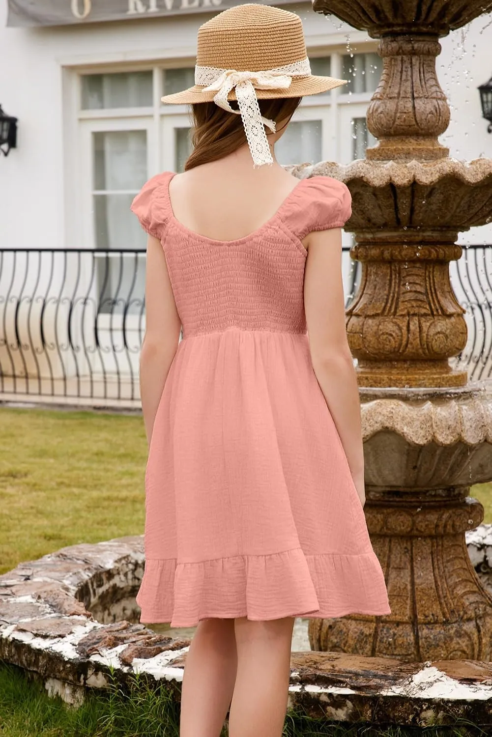 blibean Teen Girls Cotton Dress Smocked Sundress with Pocket 6-15 Years
