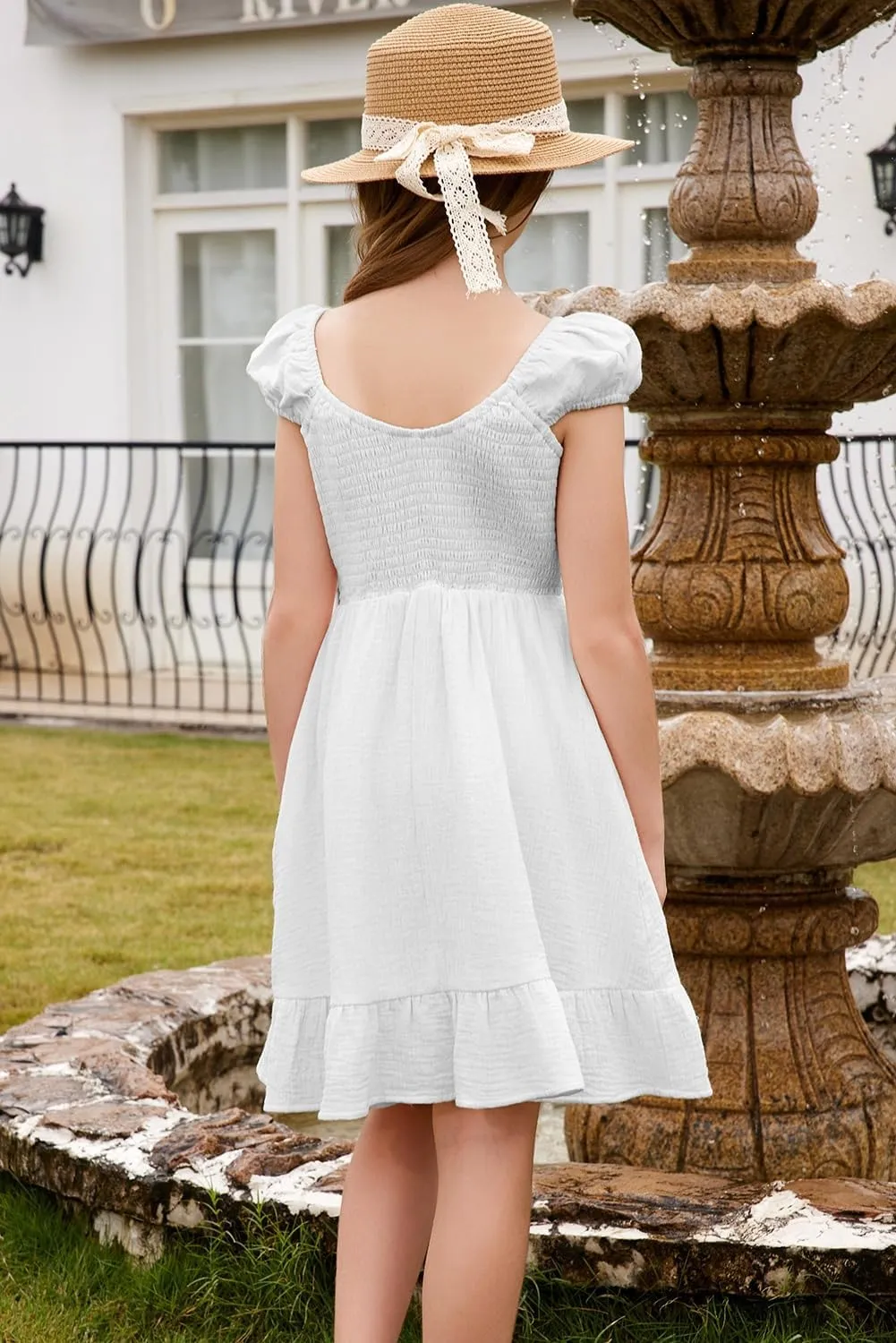 blibean Teen Girls Cotton Dress Smocked Sundress with Pocket 6-15 Years