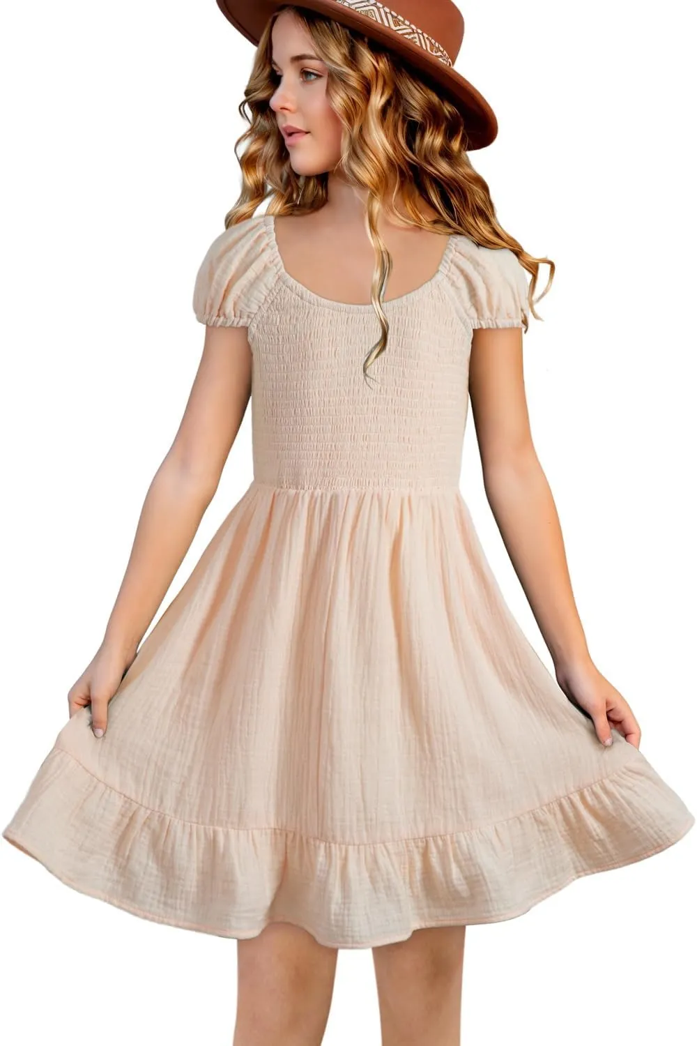 blibean Teen Girls Cotton Dress Smocked Sundress with Pocket 6-15 Years