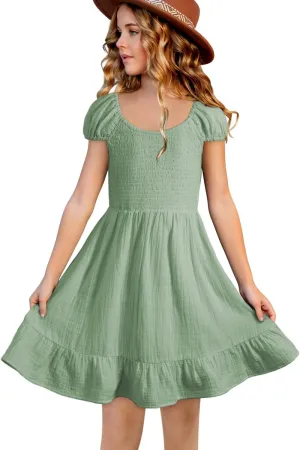 blibean Teen Girls Cotton Dress Smocked Sundress with Pocket 6-15 Years