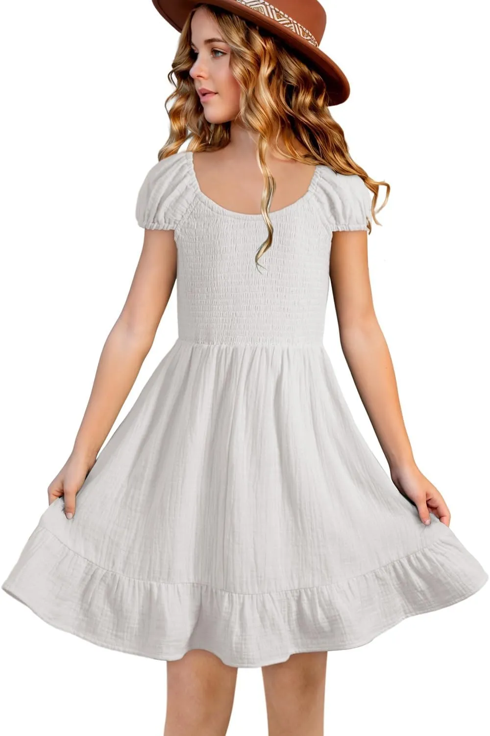 blibean Teen Girls Cotton Dress Smocked Sundress with Pocket 6-15 Years