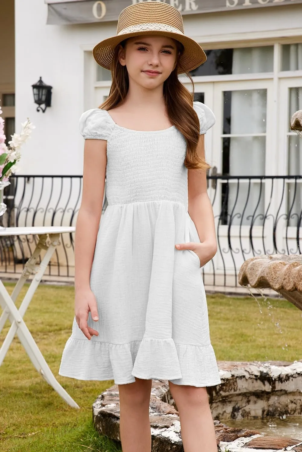 blibean Teen Girls Cotton Dress Smocked Sundress with Pocket 6-15 Years