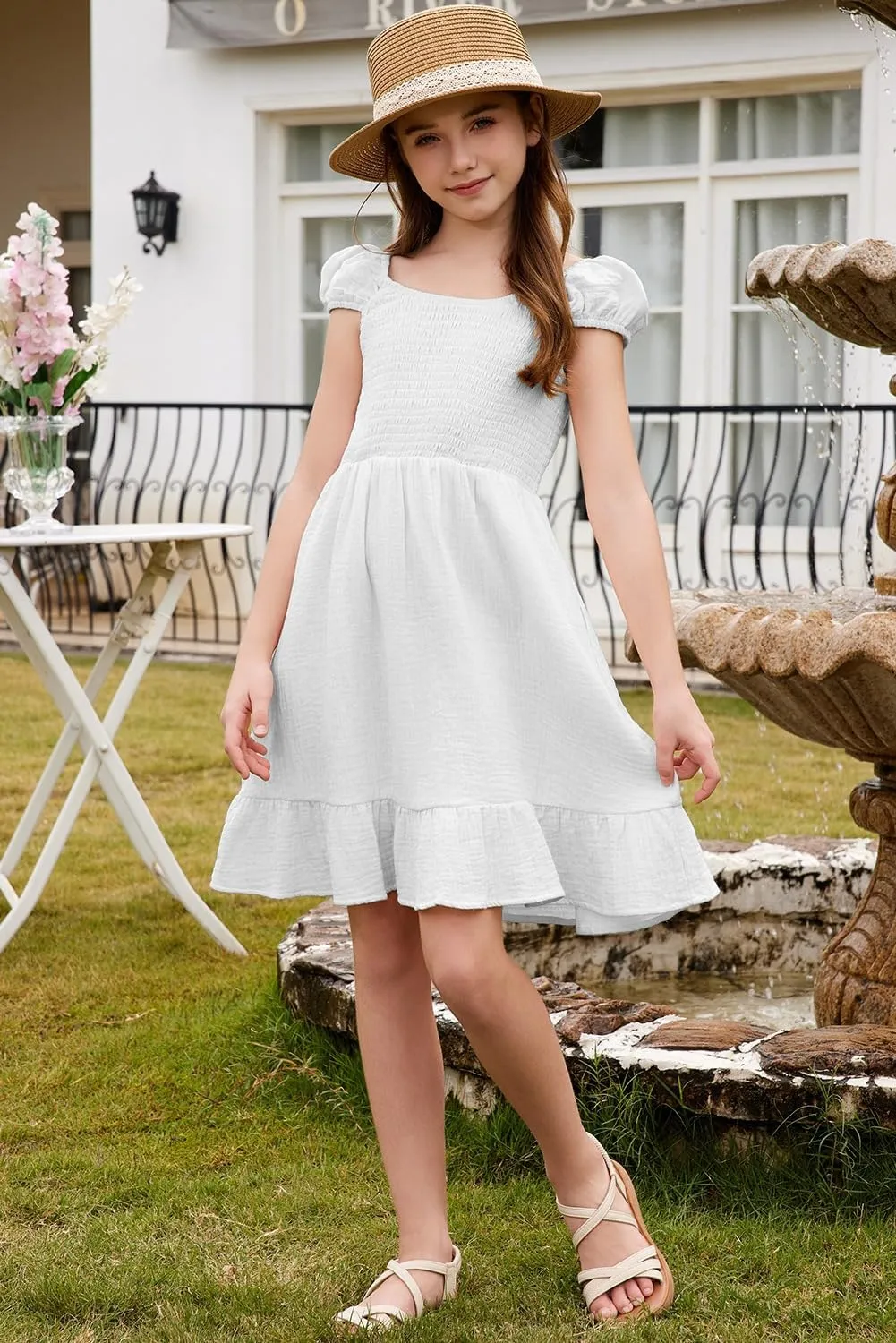 blibean Teen Girls Cotton Dress Smocked Sundress with Pocket 6-15 Years